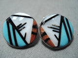 Detailed Vintage Native American Zuni Turquoise Inlay Sterling Silver Earrings-Nativo Arts
