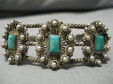 Opulent Early 1900's Vintage Native American Navajo Green Turquoise Coin Coin Silver Bracelet-Nativo Arts