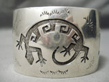 Wide Hand Wrought Vintage Native American Hopi Lizard Sterling Silver Bracelet Old-Nativo Arts