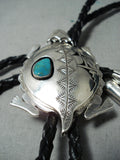 Astounding Navajo Turquoise Sterling Silver Toad Bolo Tie Native American-Nativo Arts