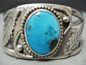 Quality Vintage Native American Navajo Blue Gem Turquoise Sterling Silver Leaf Bracelet Old-Nativo Arts
