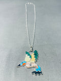 Rare Signed Native American Zuni Inlay Jet Turquoise Coral Hummingbird Sterling Silver Necklace-Nativo Arts