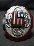 Important Native American Navajo Red White Blue Lapis Coral Sterling Silver Ring-Nativo Arts