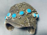 Ancient Petroglyph Native American Navajo Turquoise Sterling Silver Heavy Bracelet-Nativo Arts