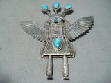 Signed Native American Navajo Old Kingman Turquoise Sterling Silver Kachina Pin-Nativo Arts