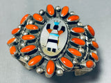 One Of The Best Vintage Native American Navajo Coral Sterling Silver Kachina Bracelet-Nativo Arts