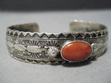 Very Intricate Silver Works Native American Navajo Coral Sterling Silver Bracelet Cuff-Nativo Arts