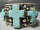 Important Native American Navajo Turquoise Christian Cross Sterling Silver Bracelet Heavy-Nativo Arts