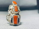 Towering Native American Navajo Coral Sterling Silver Leaf Ring-Nativo Arts