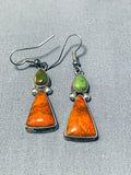 Fabulous Vintage Native American Navajo Royston Turquoise Orange Spiny Sterling Silver Earrings-Nativo Arts