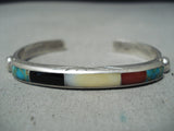 Intricate Vintage Native American Navajo Turquoise Coral Sterling Silver Inlay Bracelet Old-Nativo Arts