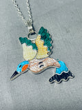Rare Signed Native American Zuni Inlay Jet Turquoise Coral Hummingbird Sterling Silver Necklace-Nativo Arts