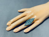 Hand Shaped Intricate Turquoise Vintage Native American Zuni Sterling Silver Ring Old-Nativo Arts