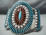 Native American On Eof The Best Zuni Turquoise Coral Sterling Silver Needle Bracelet-Nativo Arts