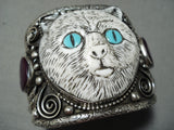 Native American One Of The Most Unique Vintage Turquoise Kitty Cat Sterling Silver Bracelet-Nativo Arts