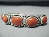Outstanding Native American Navajo Signed 5 Corals Sterling Silver Bracelet-Nativo Arts
