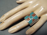 Exceptional Vintage Native American Navajo Turquoise Coral Chip Inlay Sterling Silver Ring-Nativo Arts