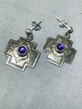 Expressive Vintage Native American Navajo Amethyst Sterling Silver Cross Earrings-Nativo Arts