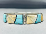Native American Baroque Vintage Zuni Turquoise Shell Sterling Silver Inlay Bracelet-Nativo Arts