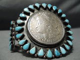 Striking Huge Vintage Native American Navajo Coin Sterling Silver Turquoise Bracelet Old-Nativo Arts