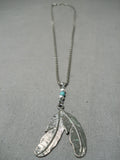 Detailed!! Vintage Native American Navajo Turquoise Sterling Silver Feathers Necklace-Nativo Arts