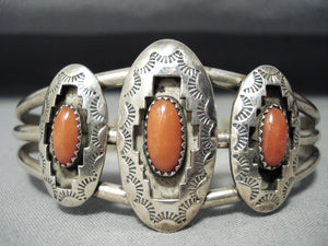 Authentic Vintage Native American Navajo Coral Sterling Silver Shadowbox Bracelet-Nativo Arts