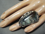 Huge Detailed Vintage Native American Navajo Green Stone Turquoise Sterling Silver Ring-Nativo Arts
