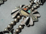 Native American Biggest Best Vintage Zuni Turquoise Owl Sterling Silver Squash Blossom Necklace-Nativo Arts