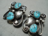 Detailed Vintage Native American Navajo Blue Turquoise Sterling Silver Earrings-Nativo Arts