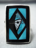 Important Vintage Native American Zuni Inlay Turquoise Jet Bluejay Sterling Silver Ring-Nativo Arts
