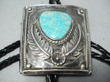 Impressive Vintage Native American Navajo Pilot Mountain Turquoise Sterling Silver Bolo Tie Old-Nativo Arts