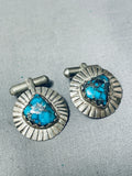 Best Vintage Native American Navajo Blue Thunder (rare) Turquoise Sterling Silver Cufflinks-Nativo Arts