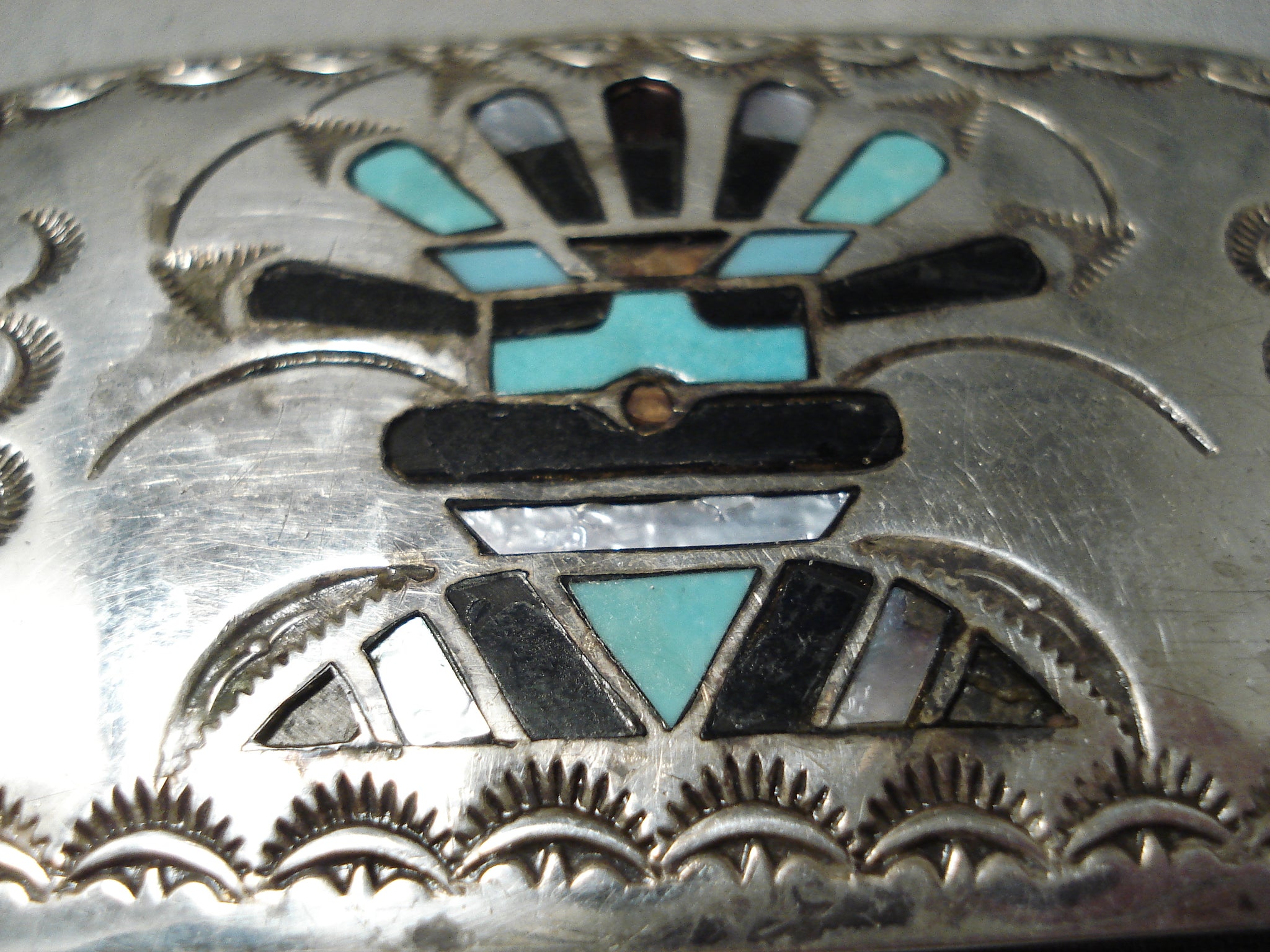 Turquoise & Tufa Vintage Navajo Silver Buckle of Repousse and Stamping