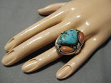 Huge And Heavy!! Vintage Native American Navajo Men's Turquoise Coral Sterling Silver Ring Old-Nativo Arts