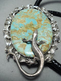 Gigantic Hueg Native American Lizard Sterling Silver Royston Turquoise Bolo Tie-Nativo Arts