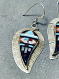 Native American One Of The Most Detailed Zuni Turquoise Inlay Sterling Silver Leaf Earrings-Nativo Arts