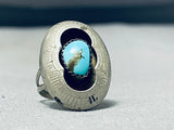 Superior Vintage Native American Navajo Kingman Turquoise Sterling Silver Shadowbox Ring-Nativo Arts