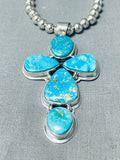 Stunning Native American Navajo Kingman Turquoise Sterling Silver Cross Necklace-Nativo Arts