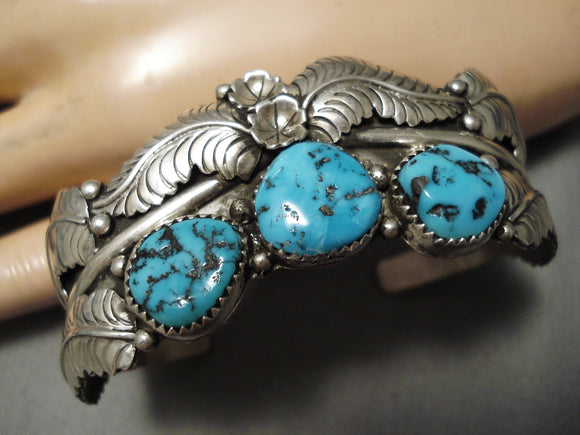Detailed!! Vintage Native American Navajo Spiderweb Turquoise Sterling Silver Leaf Bracelet-Nativo Arts