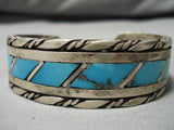 Rare Slanted Inlay Vintage Native American Navajo Turquoise Sterling Silver Bracelet- Heavy!-Nativo Arts