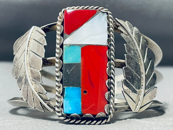 Beautiful Vintage Native American Navajo Turquoise Sterling Silver Leaf Bracelet-Nativo Arts