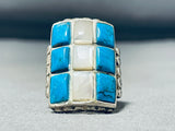 Magnificent Vintage Native American Navajo Turquoise & Mother Of Pearl Sterling Silver Ring-Nativo Arts