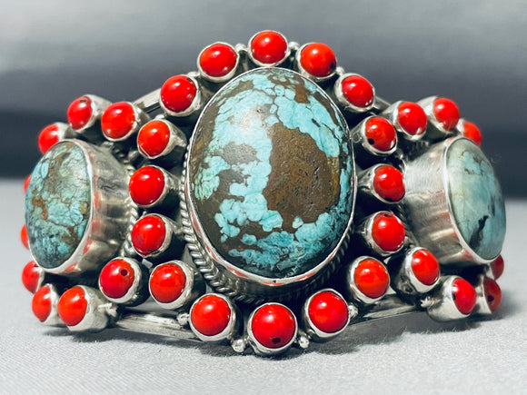 Rare Vintage Domed Turquoise Round Coral Sterling Silver Bracelet-Nativo Arts