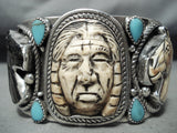 One Of The Most Detailed Ever Turquoise Sterling Silver Chief Bracelet-Nativo Arts