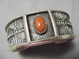 Thick And Heavy! Navajo Coral Sterling Silver Native American Bracelet-Nativo Arts