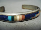Native American Detailed Vintage Navajo Turquoise Lapis Sterling Silver Inlay Bracelet-Nativo Arts