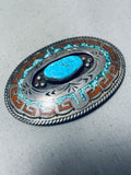 Superb Vintage Native American Navajo Spiderweb Turquoise Chip Inlay Sterling Silver Buckle-Nativo Arts