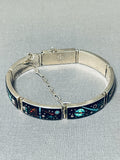 Native American One Of Most Intricate Ever Space Inlay Turquoise Sterling Silver Clasp Bracelet-Nativo Arts