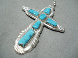 Wonderful Native American Zuni Blue Diamond Turquoise Sterling Silver Cross Pendant-Nativo Arts