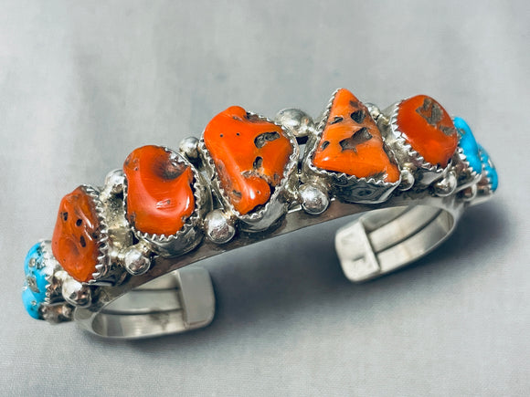 One Of The Most Chunky Coral Native American Navajo Sterling Silver Bracelet Cuff-Nativo Arts